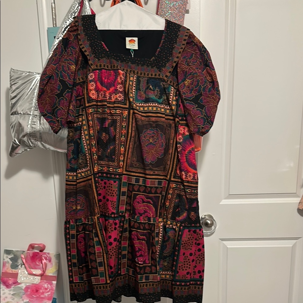NWT FARM RIO Mixed Scarves Frill Midi Dress